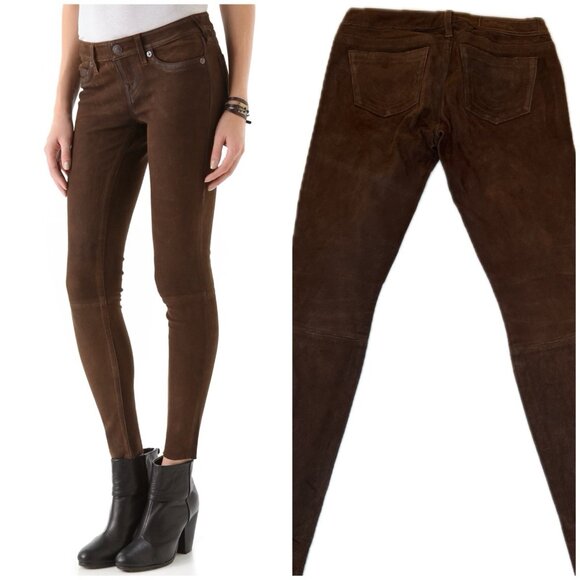 True Religion Women's Casey Lamb Leather Suede Skinny Pants Brown 28 M - Picture 1 of 10